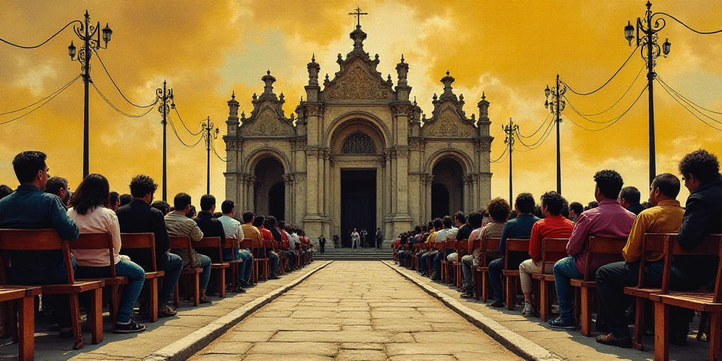 a large group of people sitting in chairs in front of a building with cameras on the side of the str