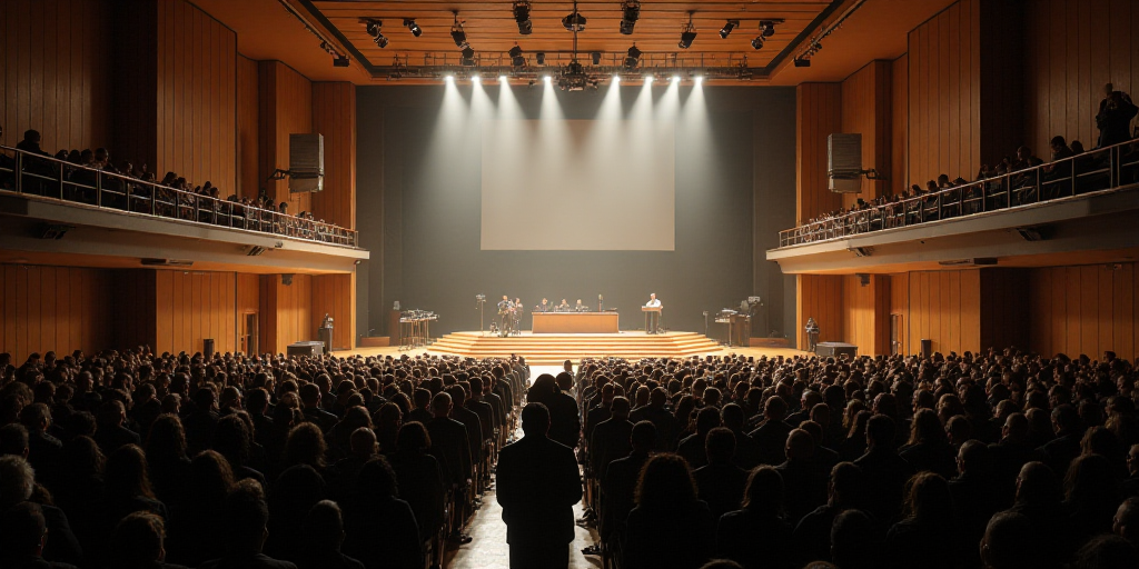 a large group of people standing in a building with a stage and a screen in the middle of the room,