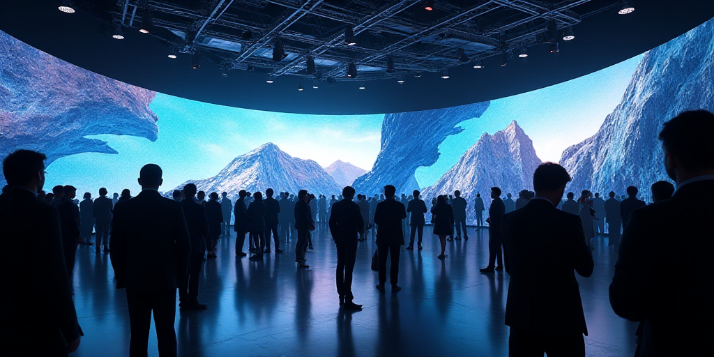 a large group of people standing around a convention hall with a big screen and a big screen tv on t