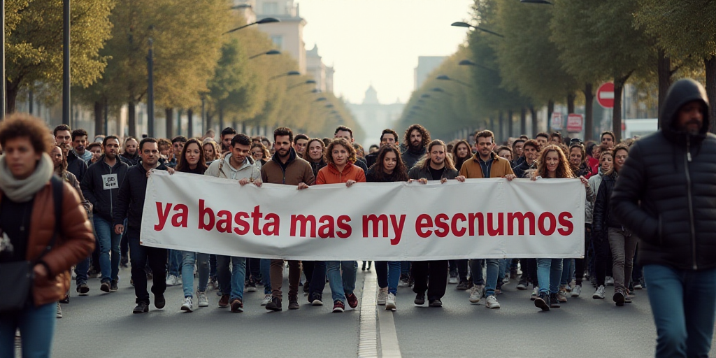 a large group of people walking down a street holding a banner that says ya basta mas my escumos, Aq