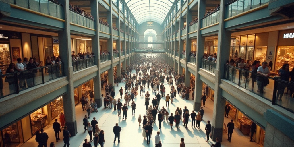 a large group of people walking around a building together in a mall area with a lot of people walki