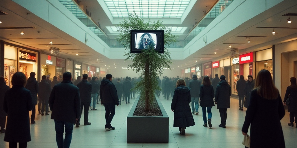 a large group of people walking through a mall with a television on the wall and a plant in the midd