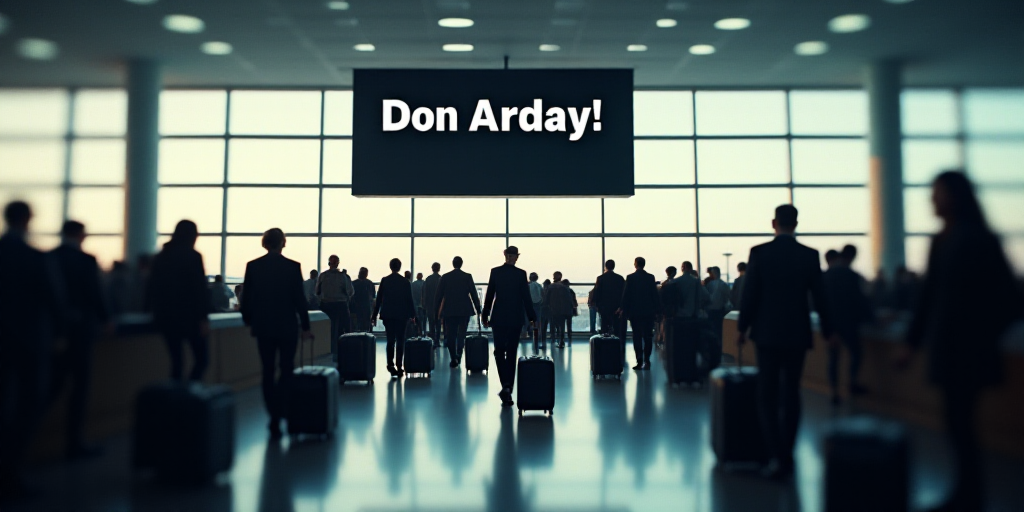 a large group of people with luggage at an airport terminal with a large screen above them that says