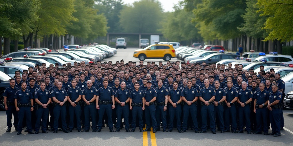 a large group of police officers standing in front of a line of police cars in a parking lot with a