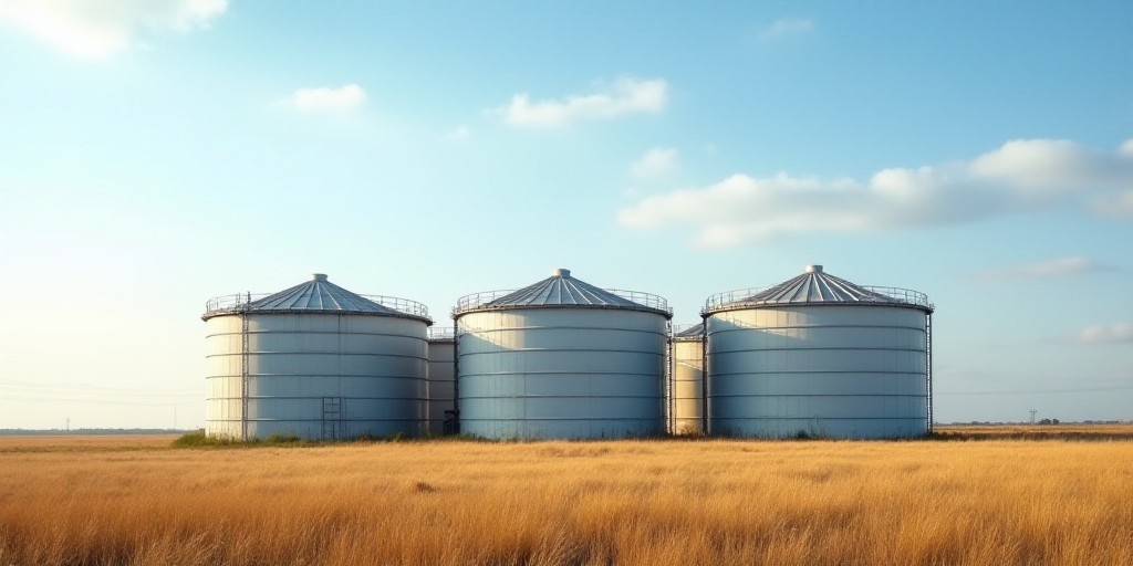 a large group of water tanks sitting in a field next to each other on a sunny day with a sky backgro