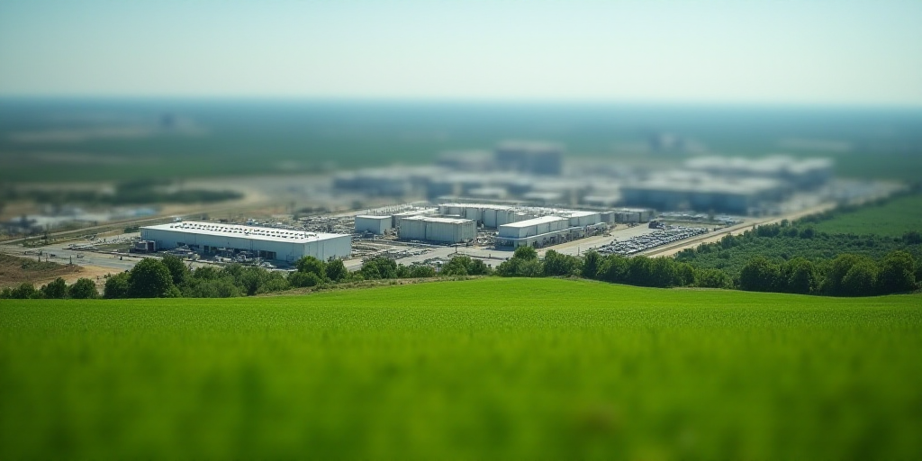 a large industrial area with a lot of tanks and trees in the background and a green field in the for