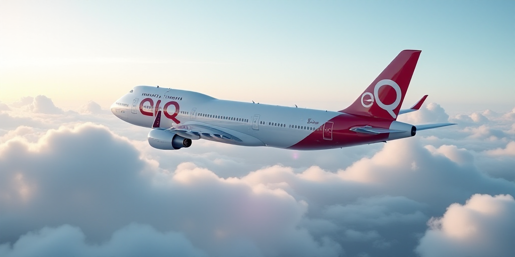 a large jetliner flying through a cloudy sky above the clouds in the sky is a red and white logo, Ei