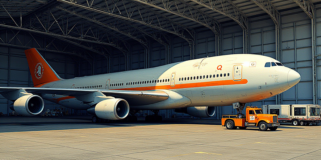 a large jetliner sitting inside of a hangar under a metal roof with a truck underneath it and a truc