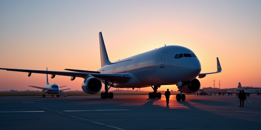 a large jetliner sitting on top of an airport tarmac at dusk with people standing around it and a pl