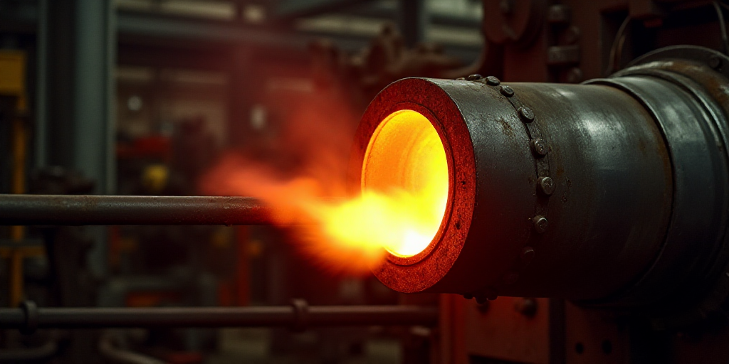 a large metal pipe with a bright red flame coming out of it's end in a factory setting, Andries Stoc