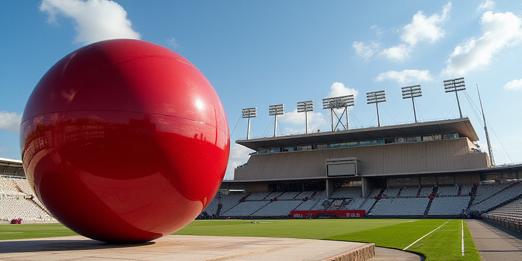 a large metal sculpture of a giant red ball in front of a stadium with a sky background and a blue s