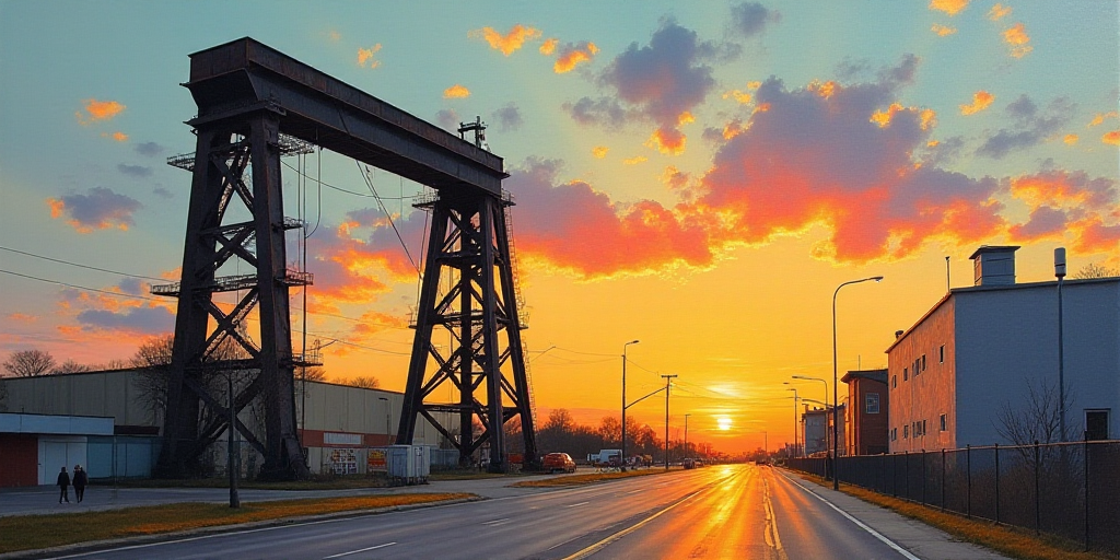 a large metal structure with a sun setting behind it and a sky background with buildings in the back