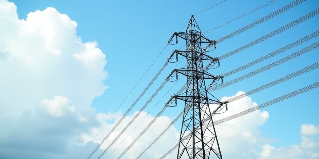 a large metal tower with many wires above it and a sky background with clouds in the background and