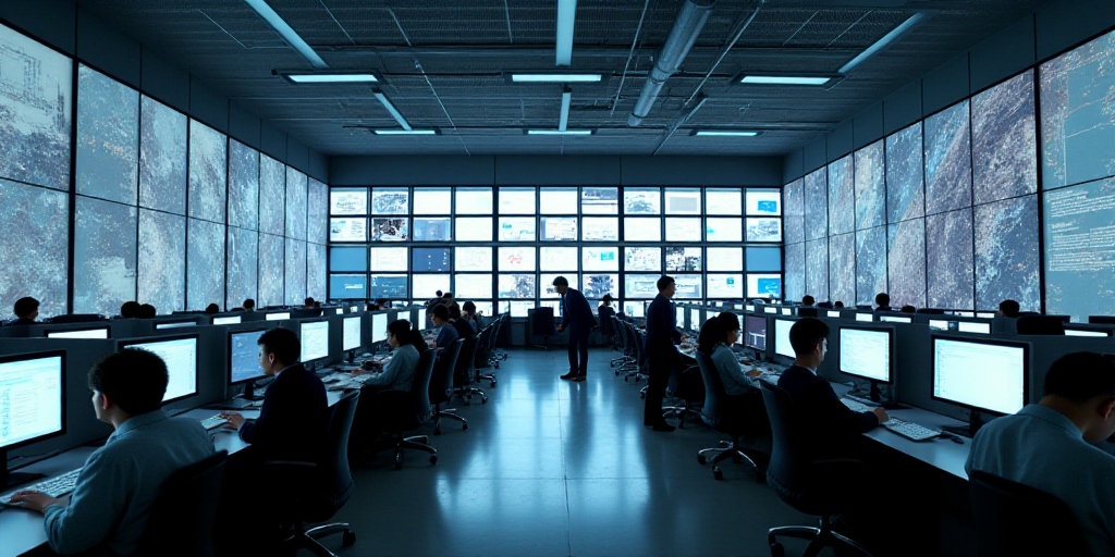 a large office with a lot of desks and monitors on the wall and people working on computers in the m