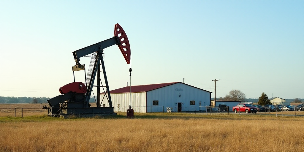 a large oil pump sitting in a field next to a building and a fenced in area with a few cars, Andries