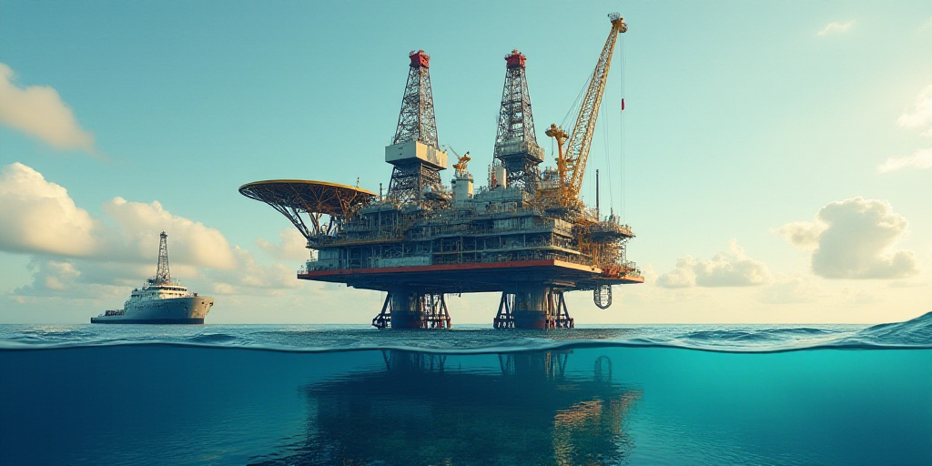 a large oil rig in the middle of the ocean with a boat in the water below it and a large oil rig in