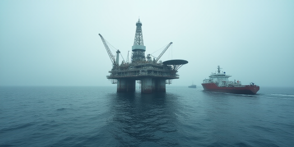 a large oil rig in the middle of the ocean with a boat in the background and a barge in the middle o