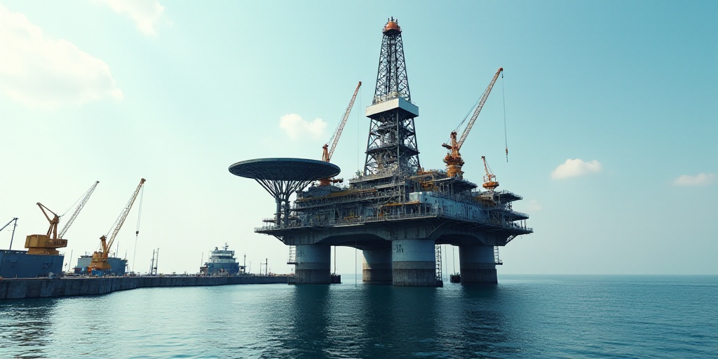 a large oil rig sitting on top of a body of water next to a dock with a crane on top of it, Bascove,