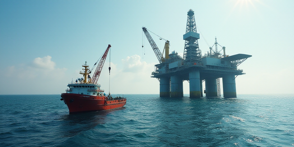 a large oil rig sitting on top of the ocean next to a boat in the water with a crane, Bascove, oil,
