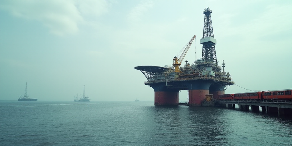 a large oil rig sitting on top of a large body of water next to a pier with a train on it, Constant