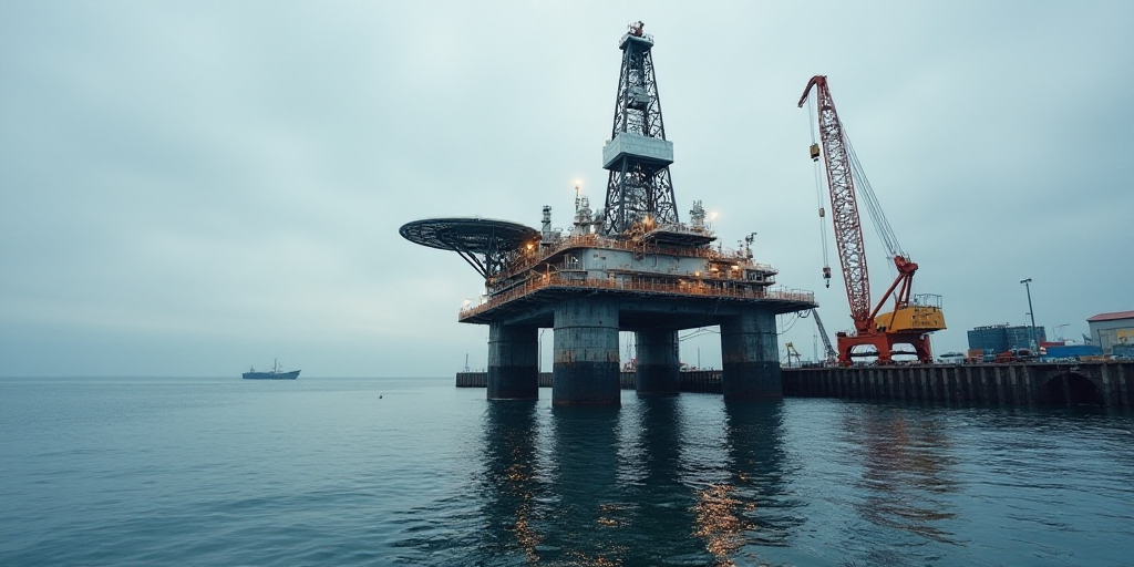 a large oil rig sitting on top of a body of water next to a dock with a crane on top of it, Bascove,