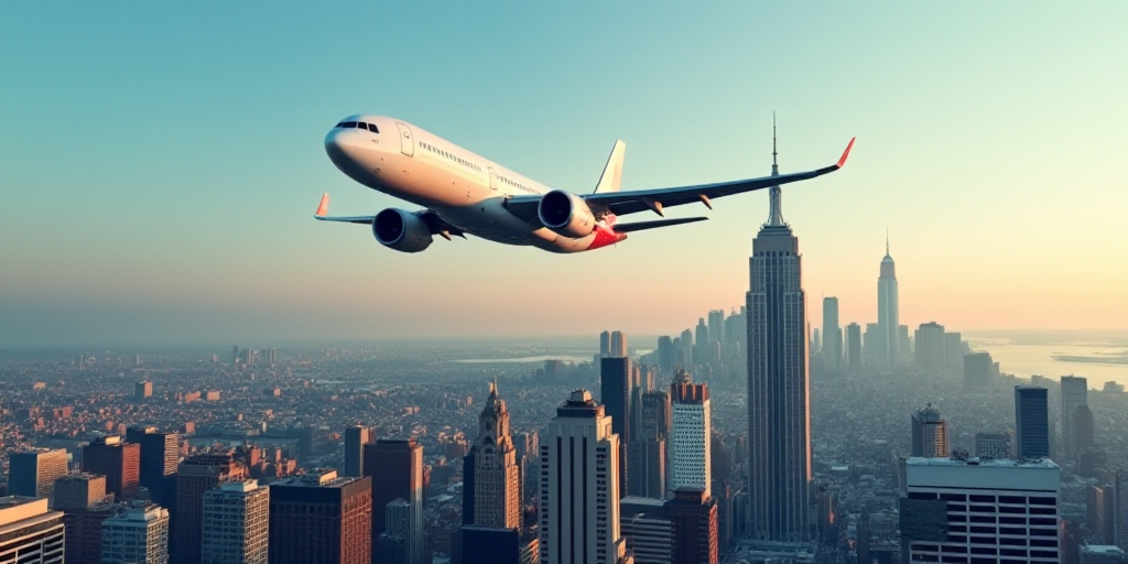 a large passenger jet flying over a city skyline with tall buildings in the background and a plane i