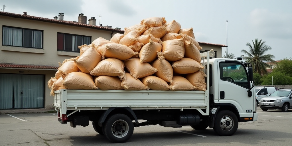 a large pile of bags of food sitting on top of a truck bed in a parking lot next to a building, Edi