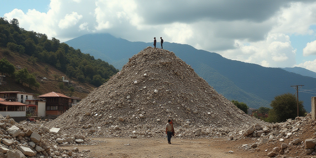 a large pile of rubble next to a hillside with houses on it and a mountain in the background with a