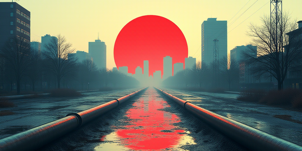 a large pipe is in the middle of a city street with buildings in the background and a red circle abo