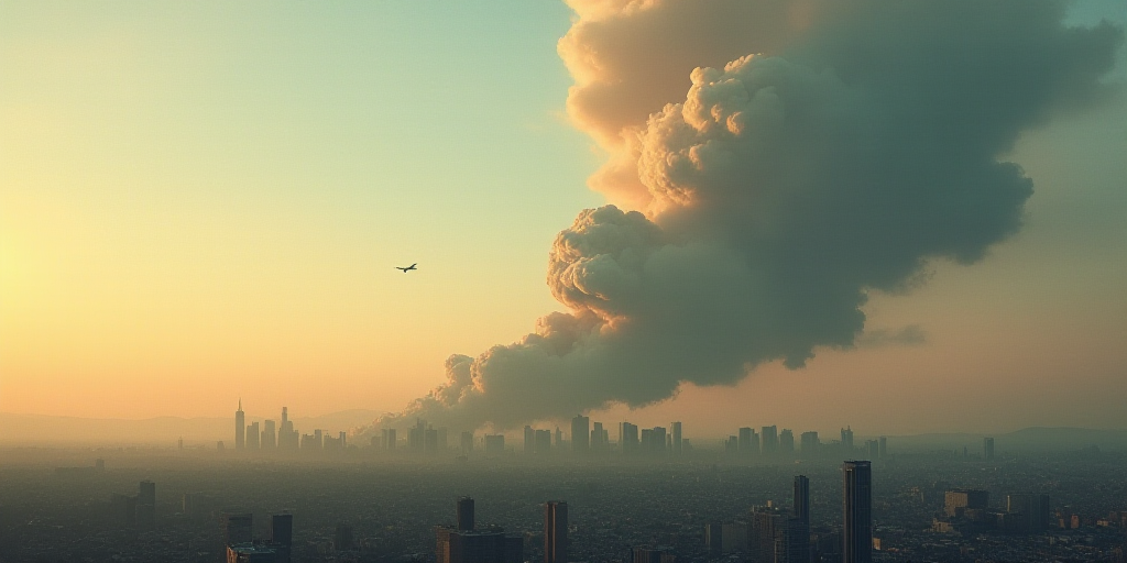 a large plume of smoke billows from a city skyline as a jet flies by in the air above, Etel Adnan, a