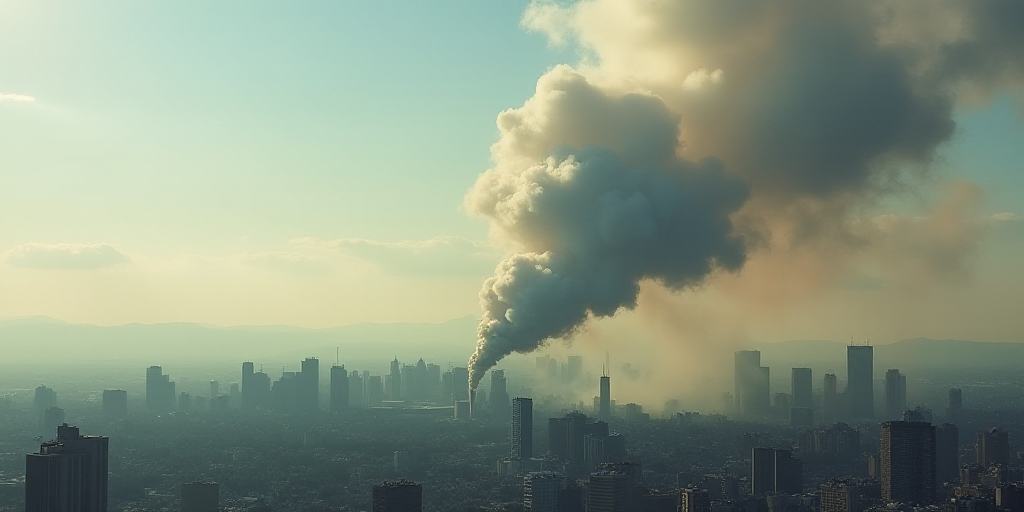a large plume of smoke billows from a building in the city of a city with a sky background, Elbridge