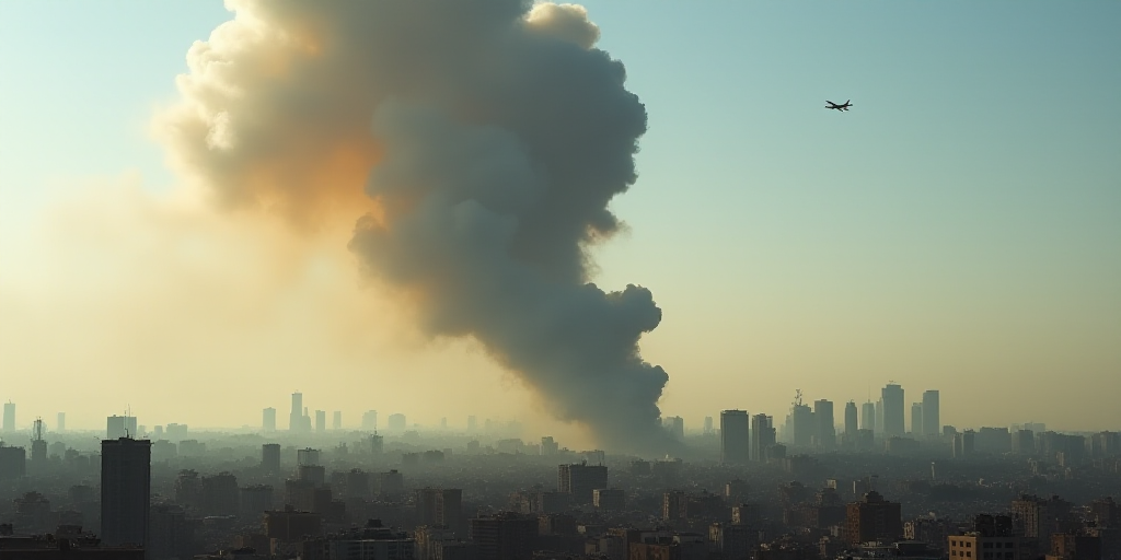 a large plume of smoke billows from a city skyline as a plane flies by in the distance in the distan