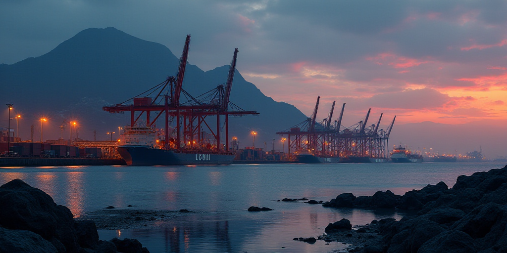 a large port with a lot of trucks and containers in it at dusk time with a mountain in the backgroun