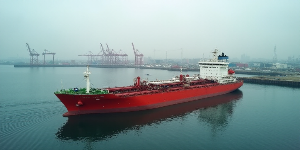 a large red boat floating on top of a body of water next to a large industrial port area with a larg