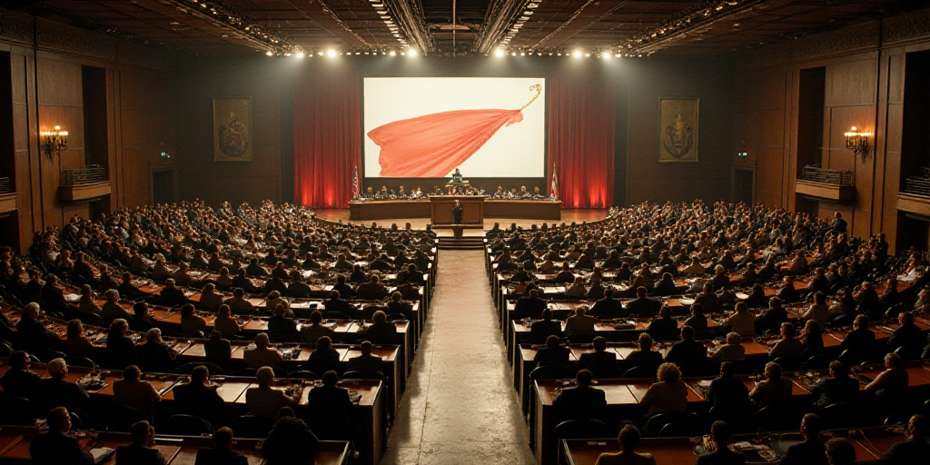 a large room filled with lots of people sitting at desks in front of a screen and a flag, David Alfa