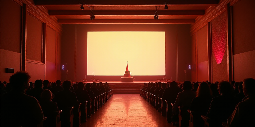 a large room with a large screen and a stage with a flag on it and people sitting in the chairs, Dav