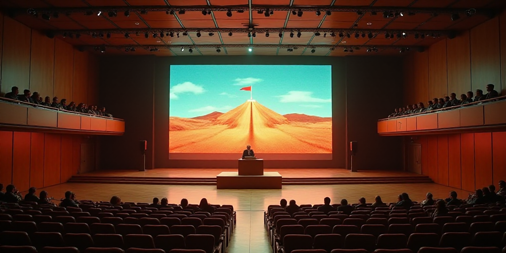 a large room with a large screen and a podium with a flag on it and people sitting in the chairs, Da