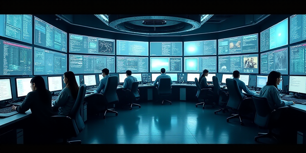 a large room with a lot of monitors and desks and people working on computers in it and a lot of mon