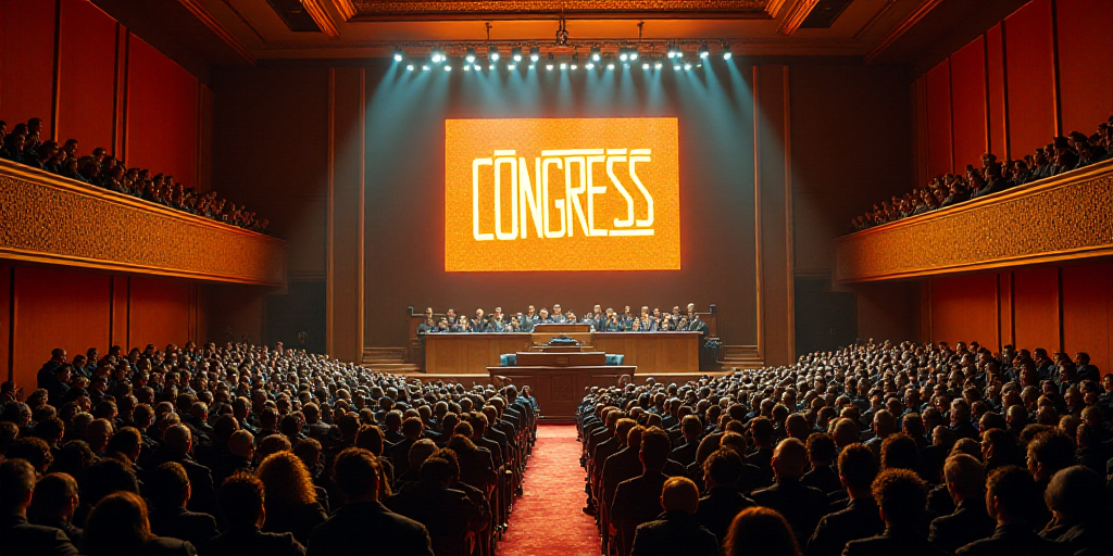 a large room with a lot of people in it and a big screen on the wall above it that says congress, Da