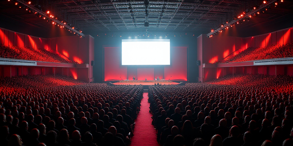 a large room with a lot of people in it and a big screen in the center of the room, Edi Rama, open c