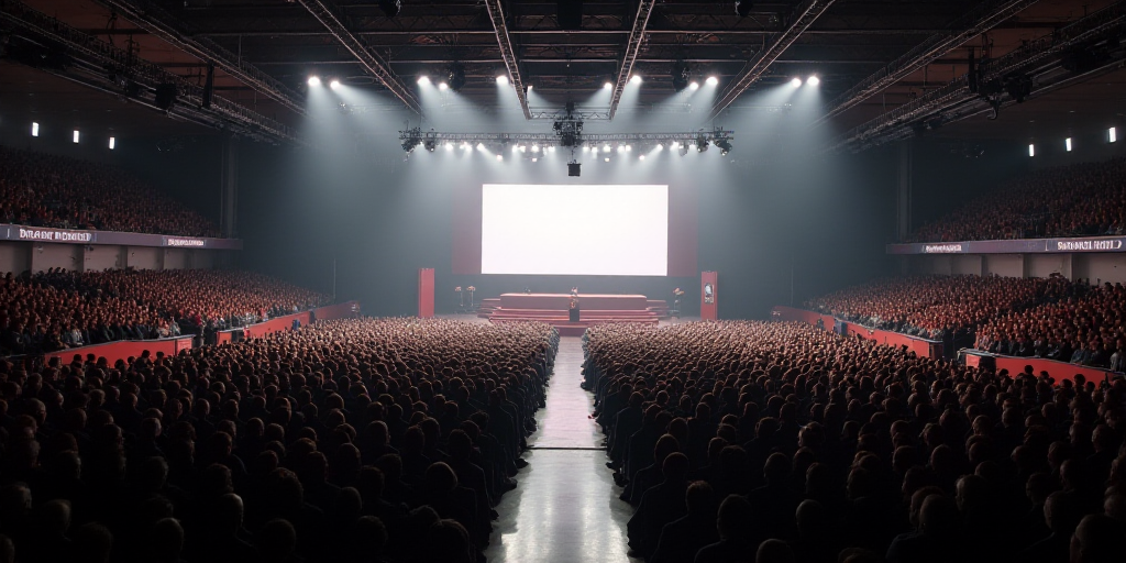 a large room with a lot of people in it and a big screen in the center of the room, Edi Rama, open c