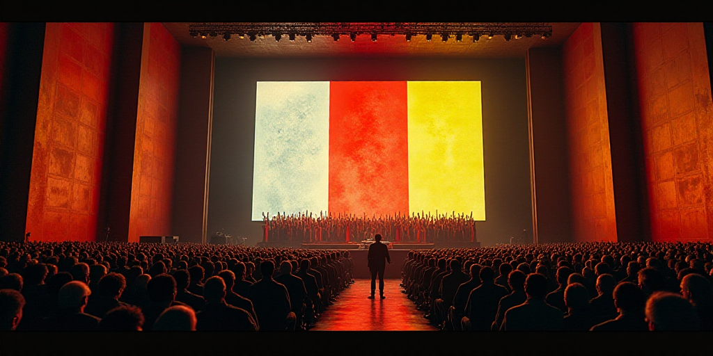 a large room with a lot of people standing around it and a large screen with a flag on it, David Alf