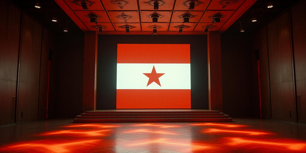a large room with a stage and a ceiling with lights and a large screen with a flag on it, David Alfa