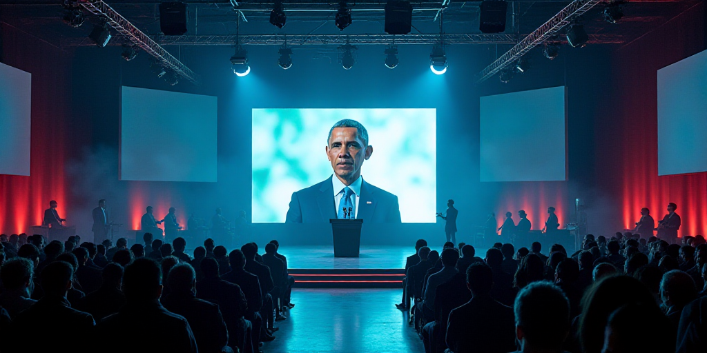 a large room with a stage and a podium with people on it and a screen showing a picture of president