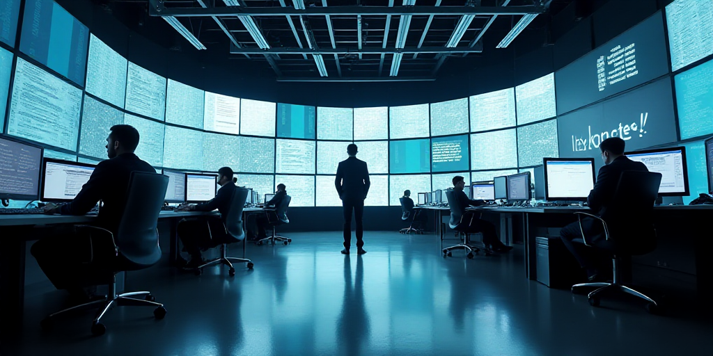 a large room with multiple desks and monitors on the walls and a man standing in the middle of the r