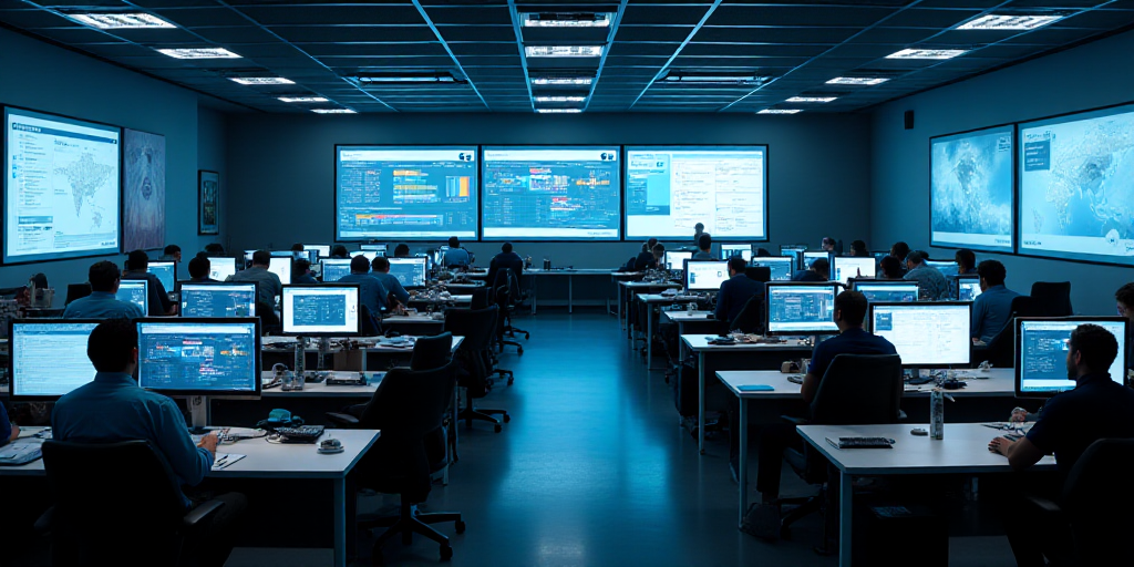 a large room with multiple monitors and people working on computers in it and a lot of people sittin