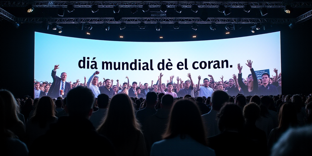 a large screen with a picture of people on it and a message on it that says dia mundial del coran, A