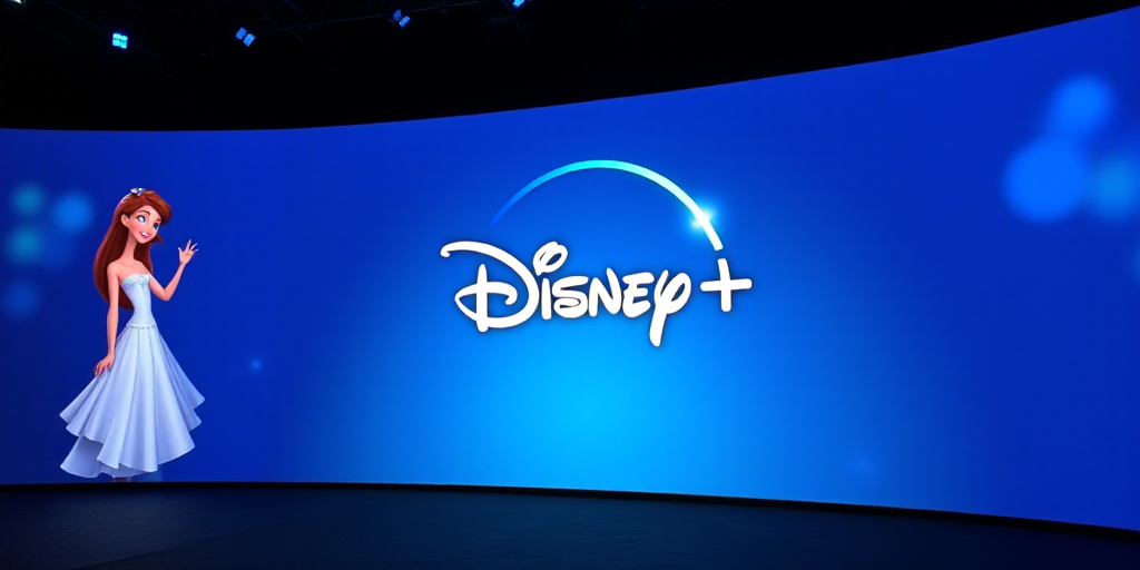 a large screen with the disney plus logo on it's side at a convention or showroom with a blue backgr