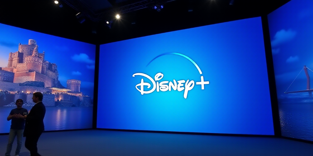 a large screen with the disney plus logo on it's side at a convention or showroom with a blue backgr