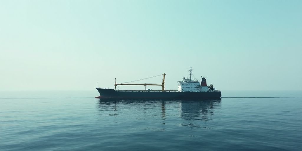 a large ship in the middle of the ocean with a crane on top of it's structure in the middle of the w